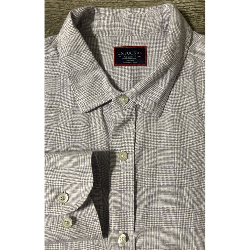 UnTuckit 100% Linen Button Up Lavender Purple Plaid Casual Shirt Size‎ 2XL